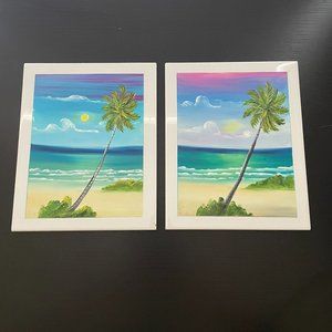 2 Hand Painted Ceramic Tile Wall Art Backsplash Border Mexico Ocean Palm Tree